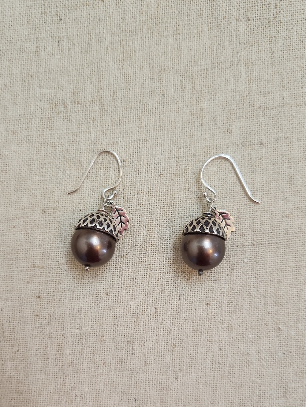 Sterling Silver Acorn Pearl Drop Earrings - Brown